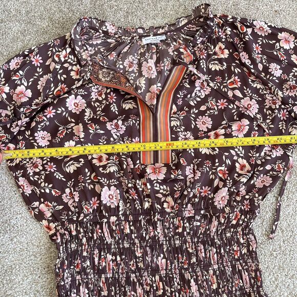 Current Air Long Sleeve Satin Pleated Boho Dress Brown Floral M Cottage Chic - Picture 10 of 14